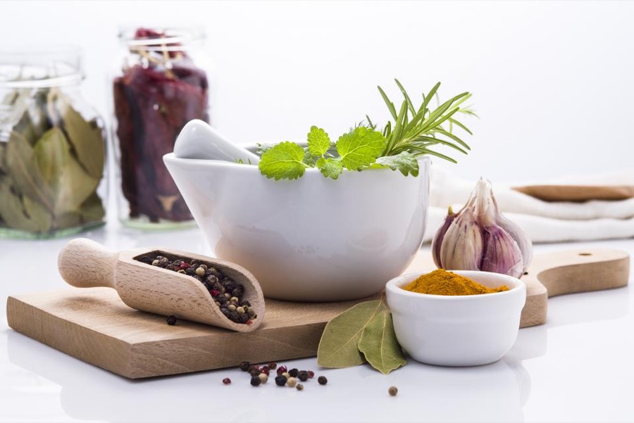 Bacopa monnieri herb in a mortar and pestle